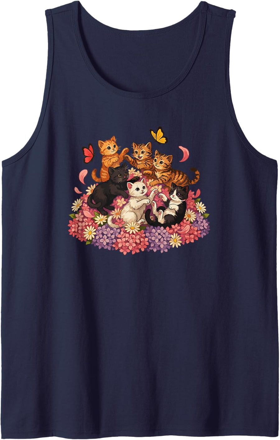 Six Kittens Among Spring Flowers Cute Cat Lover for Women Sleeveless Tank Top - Navy Blue