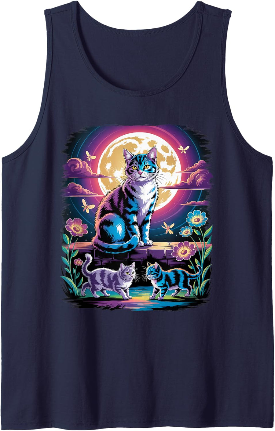Vintage Retro 90s Airbrushed Cat Moonlight Adventure Tank Top - Navy Blue