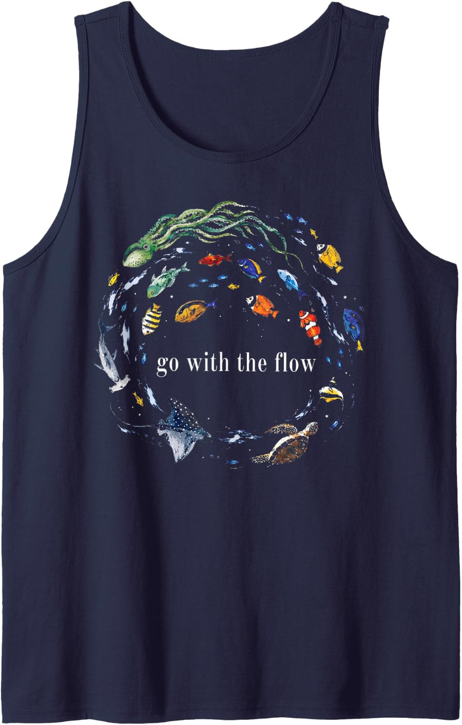 Go with The Flow Ocean Fish Marine Life Sea Animal Lovers Sleeveless Tank Top - Navy Blue