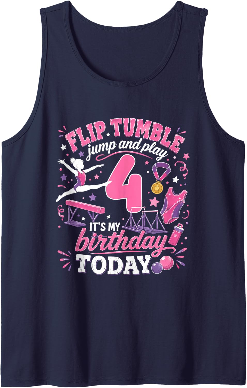 Gymnastics Lover 4 Year Old Birthday Girl Party 4th Sleeveless Tank Top - Navy Blue