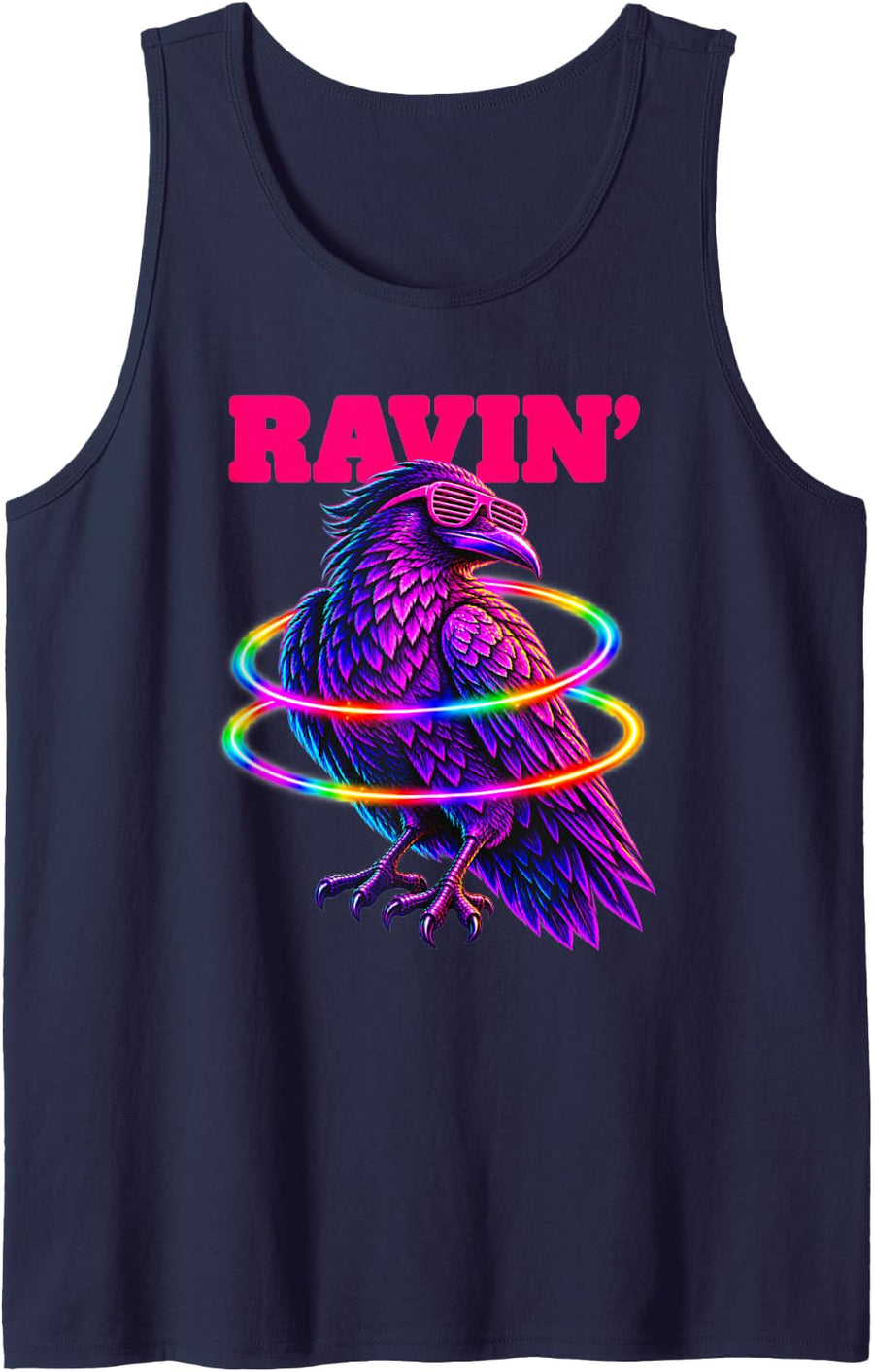 Ravin' Hot Pink Raven EDM Rave Festival Party Bird Humor Sleeveless Tank Top - Navy Blue