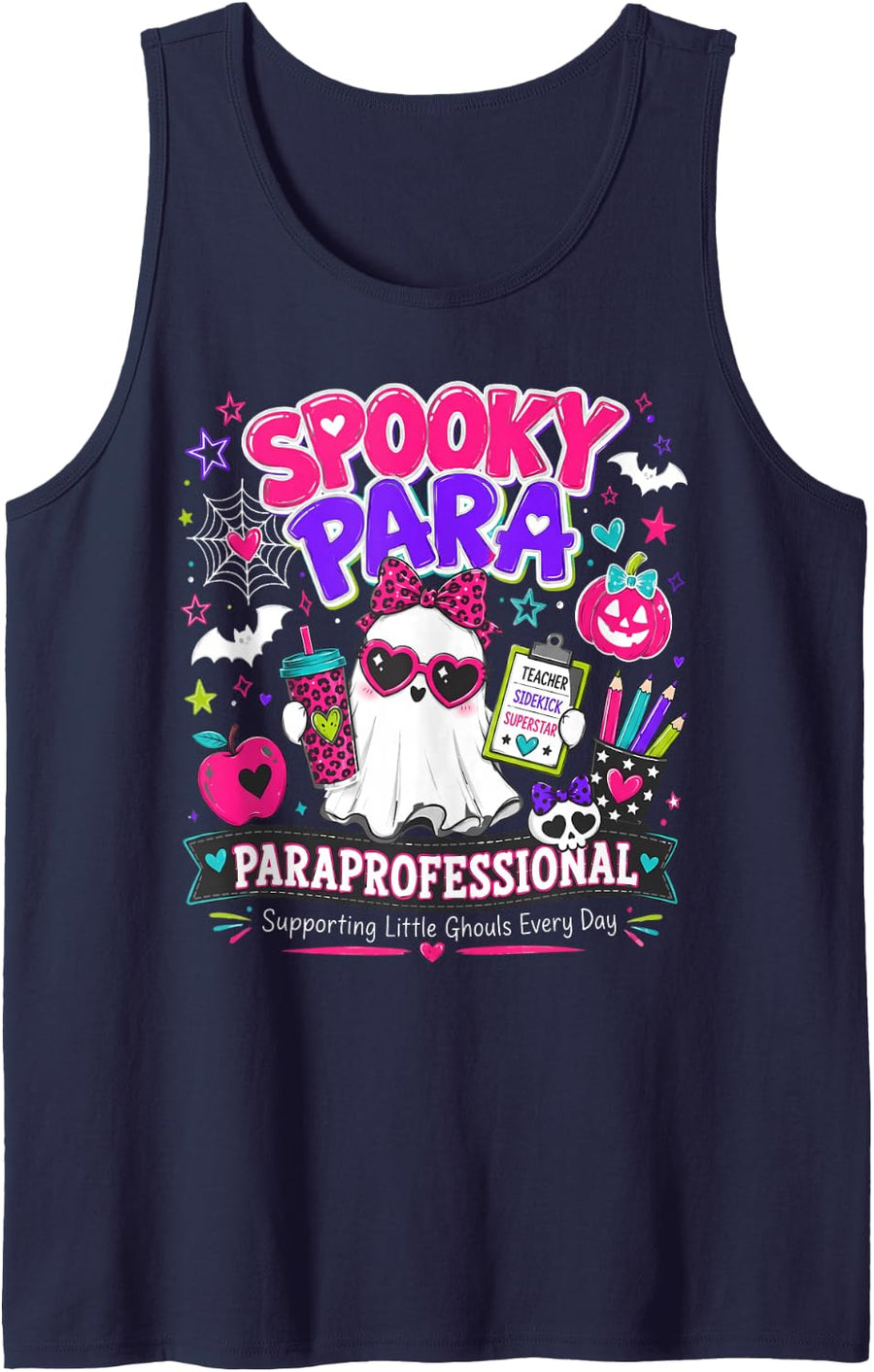 Spooky para Teacher Aide Ghost Paraprofessional Halloween Sleeveless Tank Top - Navy Blue