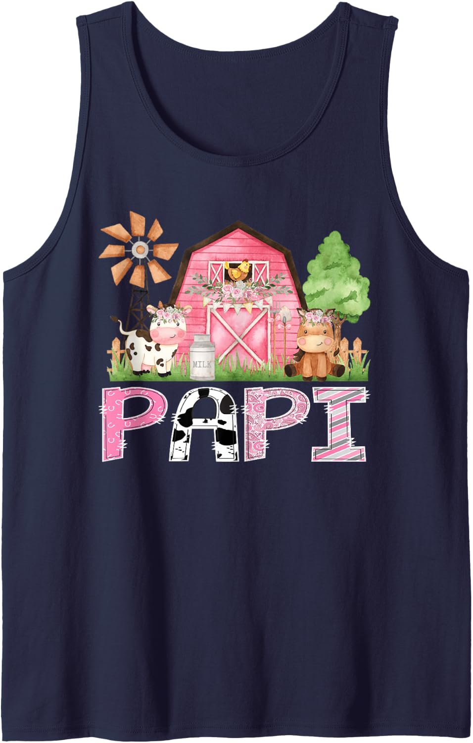 Papi Pink Farm Cow Kids Birthday Matching Family Sleeveless Tank Top - Navy Blue