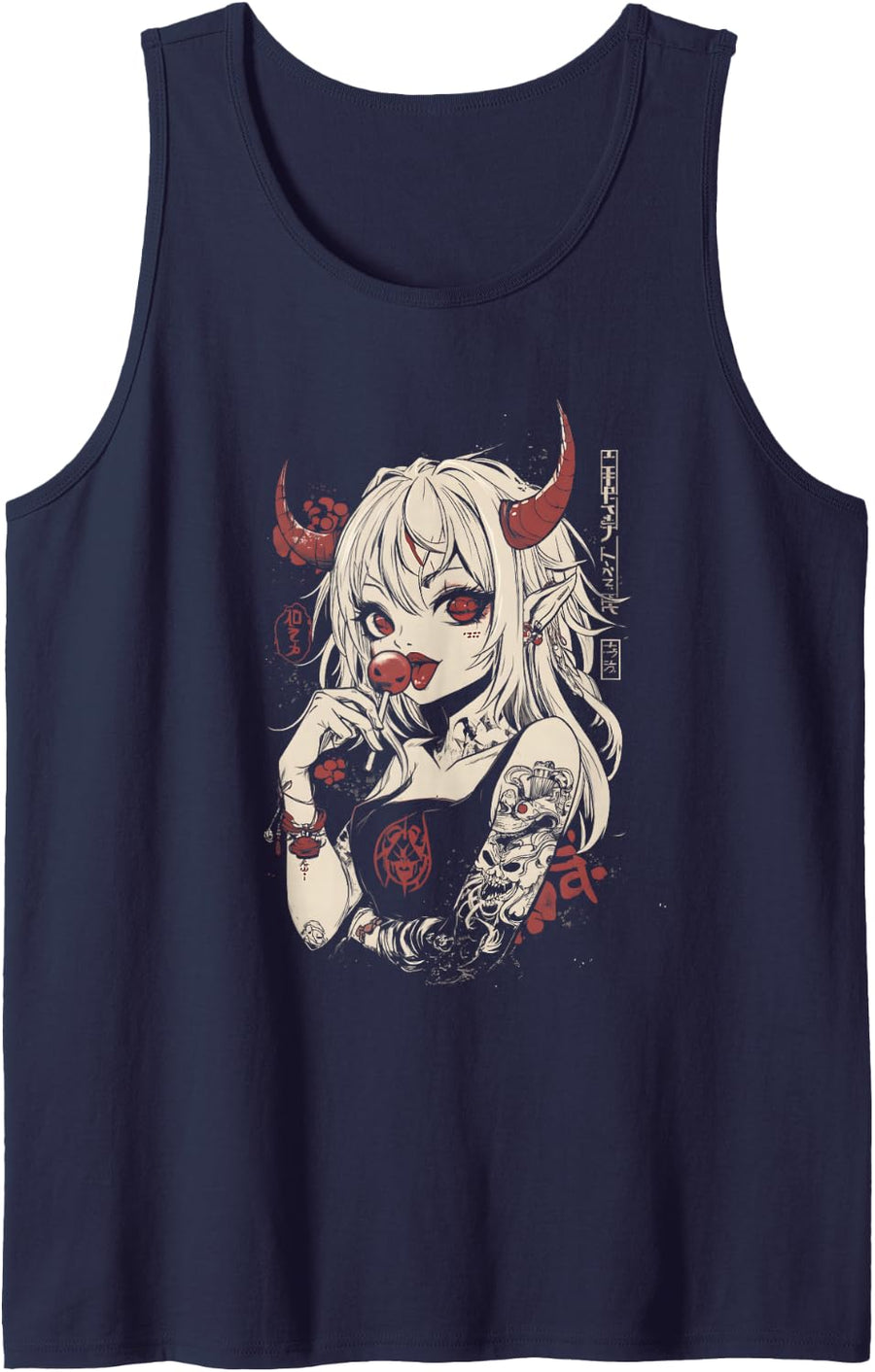 Goth Grunge Girl Waifu Demon Anime Horror Alt Aesthetic Tank Top - Navy Blue