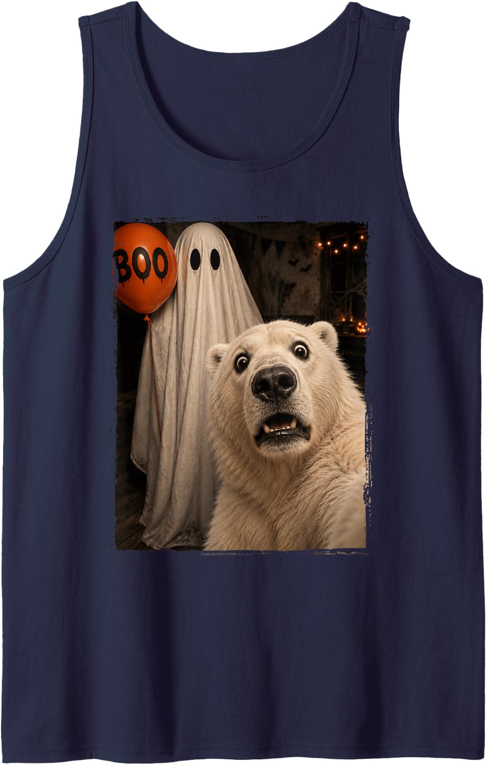 Funny Polar Bear Halloween Selfie Ghost Boo Balloon Zoo Kids Sleeveless Tank Top - Navy Blue