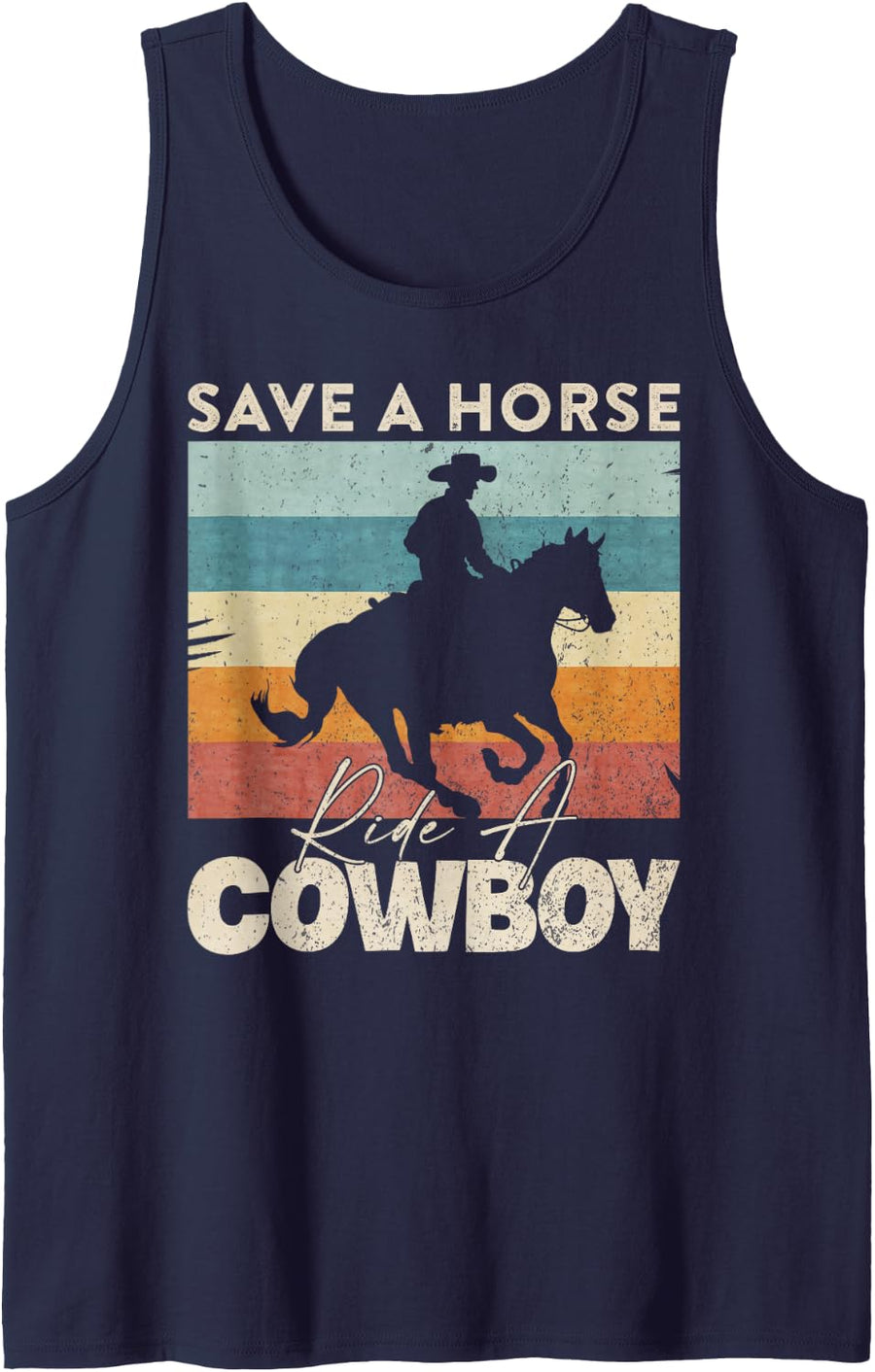 Vintage Retro Save A Horse, Ride A Cowboy, Riding Sleeveless Tank Top - Navy Blue