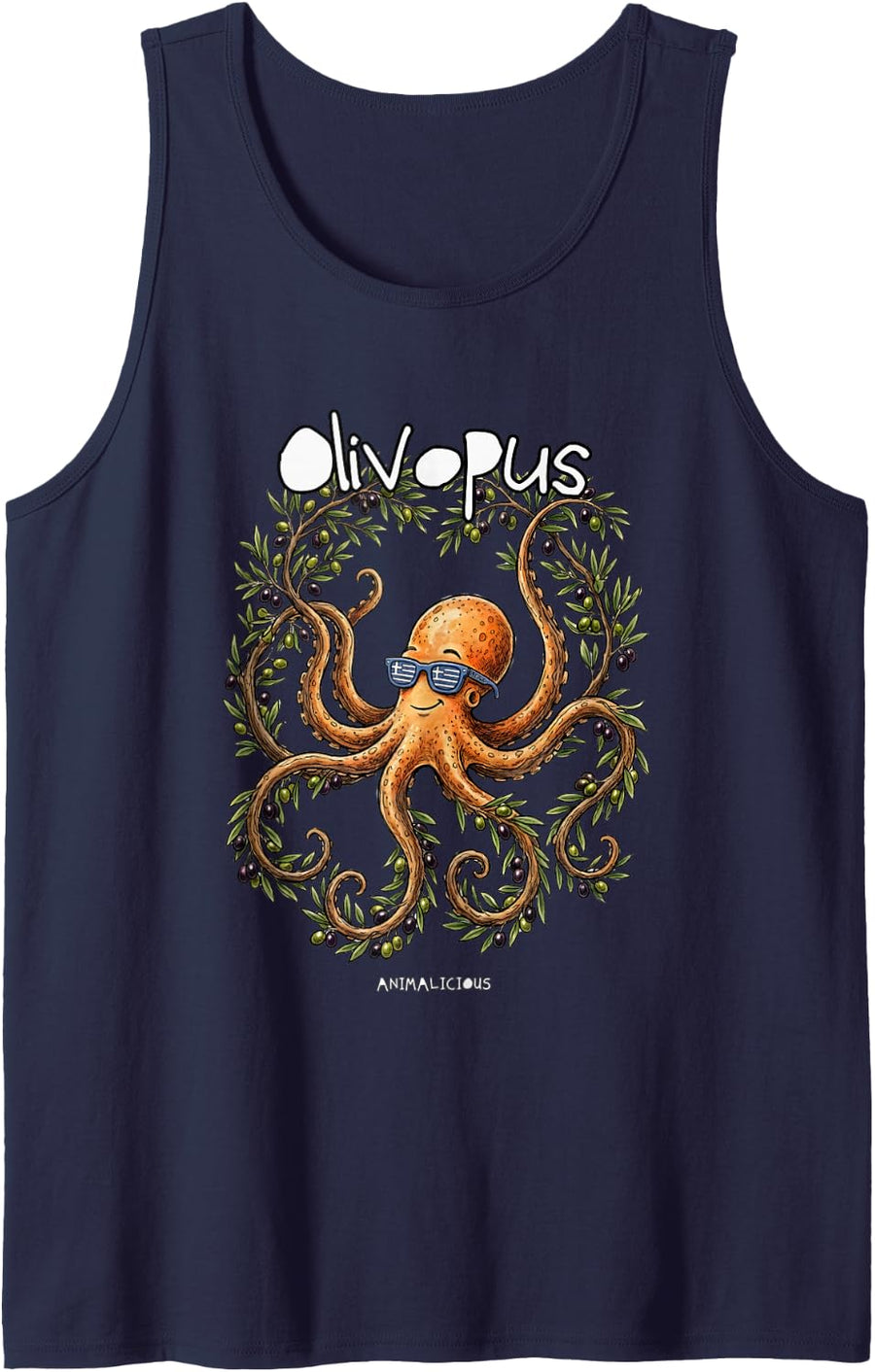 Funny Octopus and Olive from Greece Sleeveless Tank Top - Navy Blue