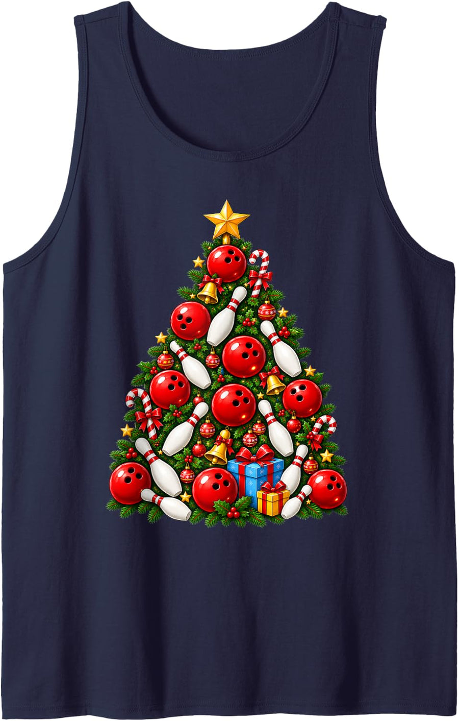 Festive Bowling Christmas Tree Sleeveless Tank Top - Navy Blue