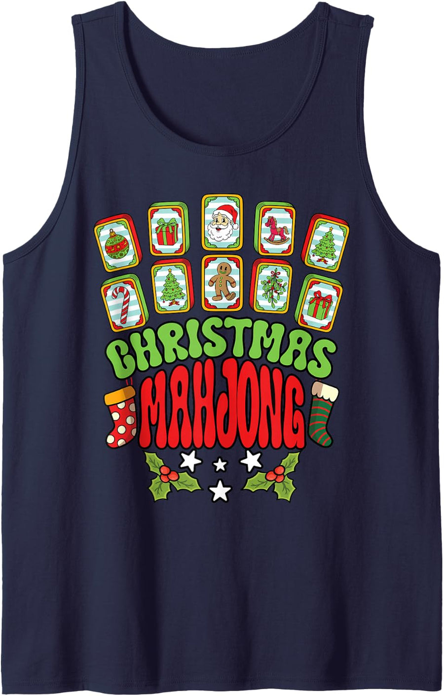 Merry Christmas Mahjong Chinese Tile Game Funny Xmas Pajama Tank Top - Navy Blue