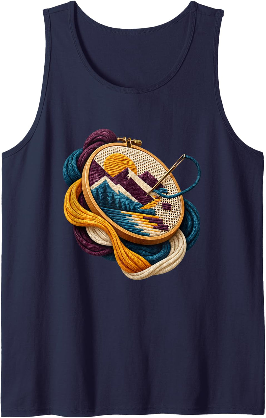 Ornate Retro Mountain Embroidery with Sunset and Yarn Sleeveless Tank Top - Navy Blue