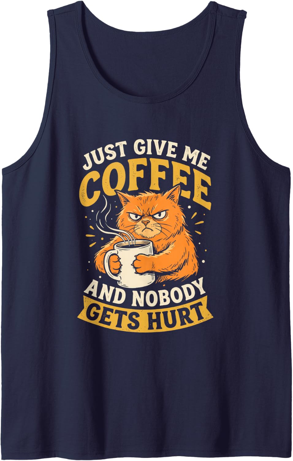 Grumpy Ginger Cat Holding Steaming Drink Men Women Kids Sleeveless Tank Top - Navy Blue