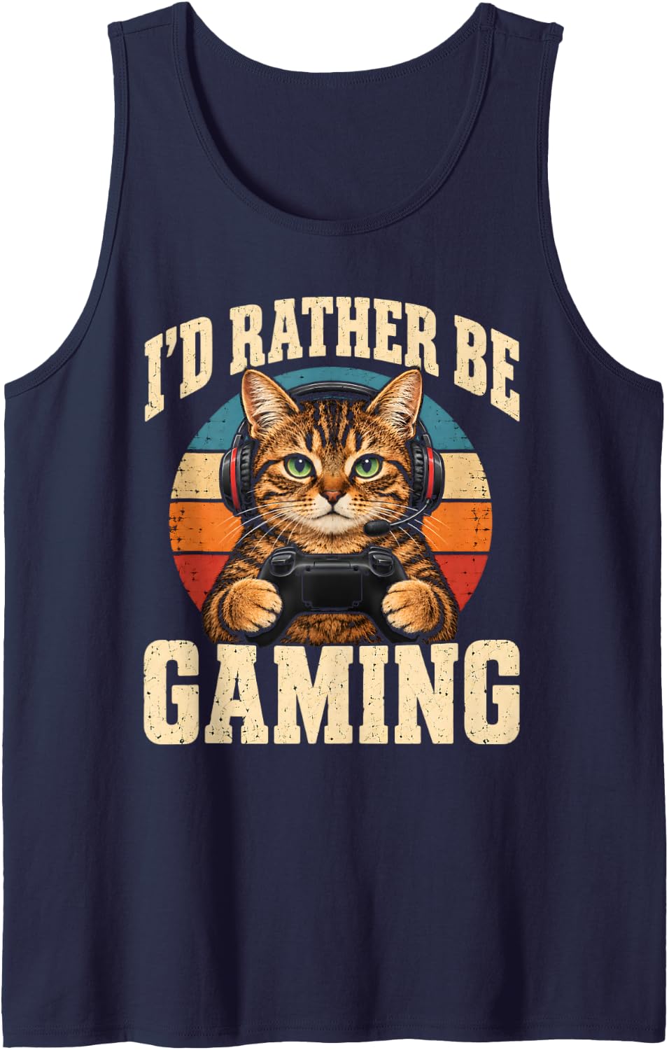 I'd Rather Be Gaming Funny Cat Gamer Controller Saying Sleeveless Tank Top - Navy Blue