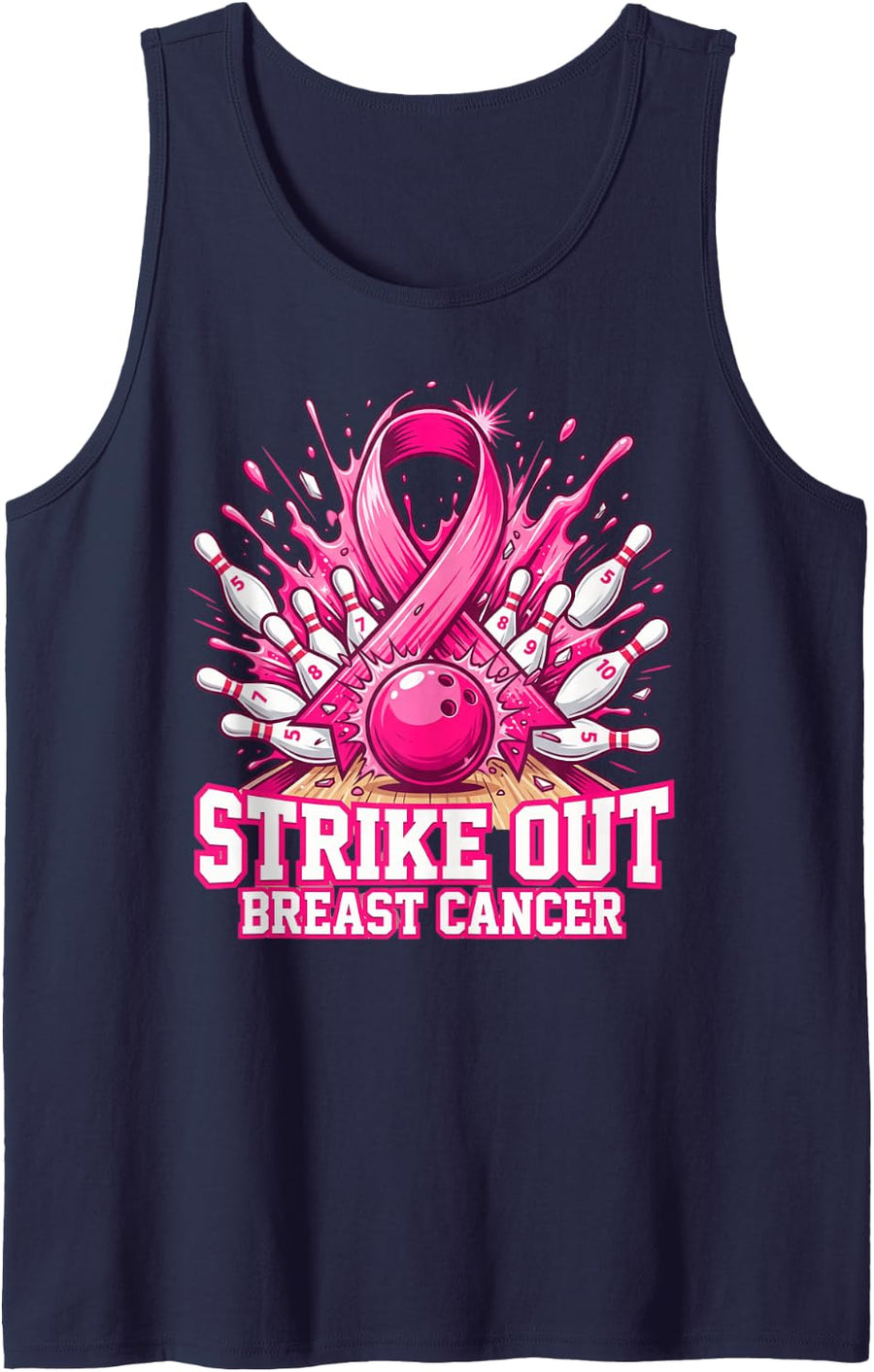 Strike Out Breast Cancer Awareness Bowling Pink Ribbon Sleeveless Tank Top - Navy Blue