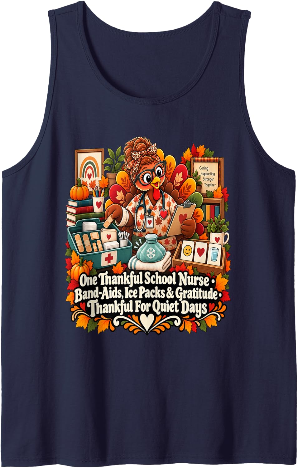 Turkey One Thankful School Nurse Thanksgiving Sleeveless Tank Top - Navy Blue