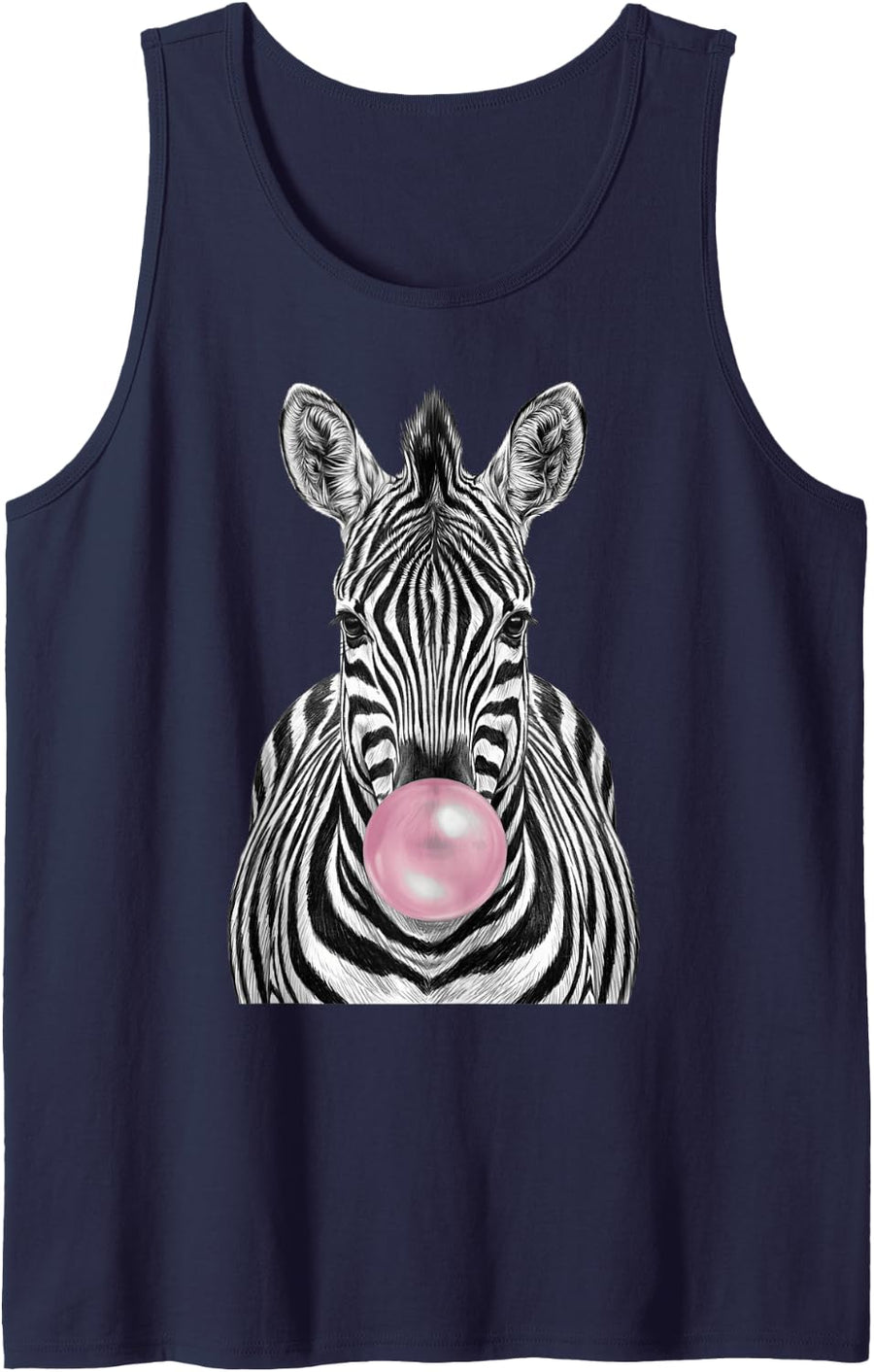 Zebra Blowing Pink Bubblegum Animal Design Sleeveless Tank Top - Navy Blue