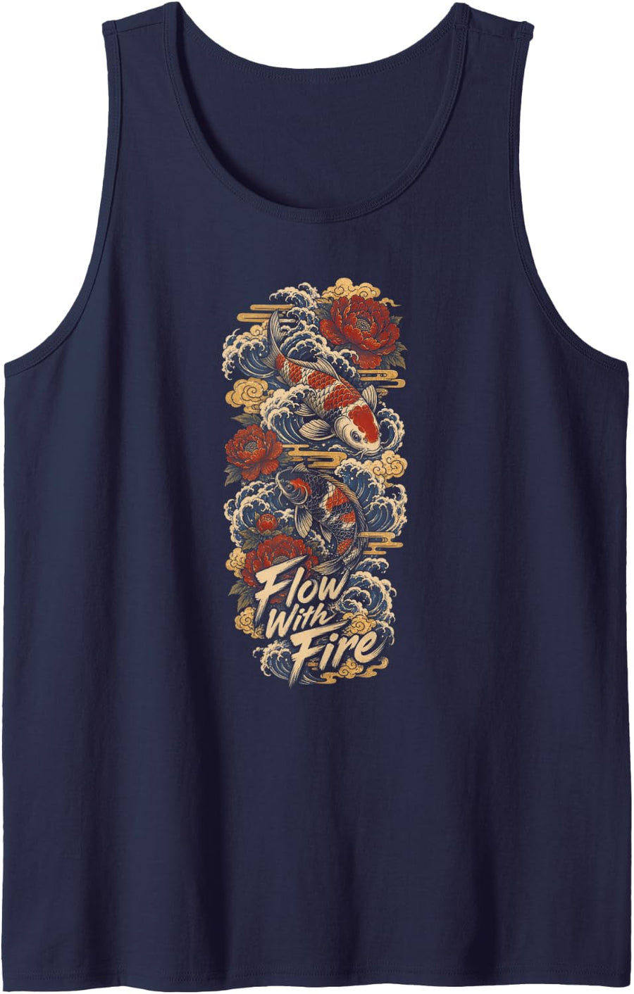 Tattoo Art Japanese Koi Fish Peonies Sleeveless Tank Top - Navy Blue