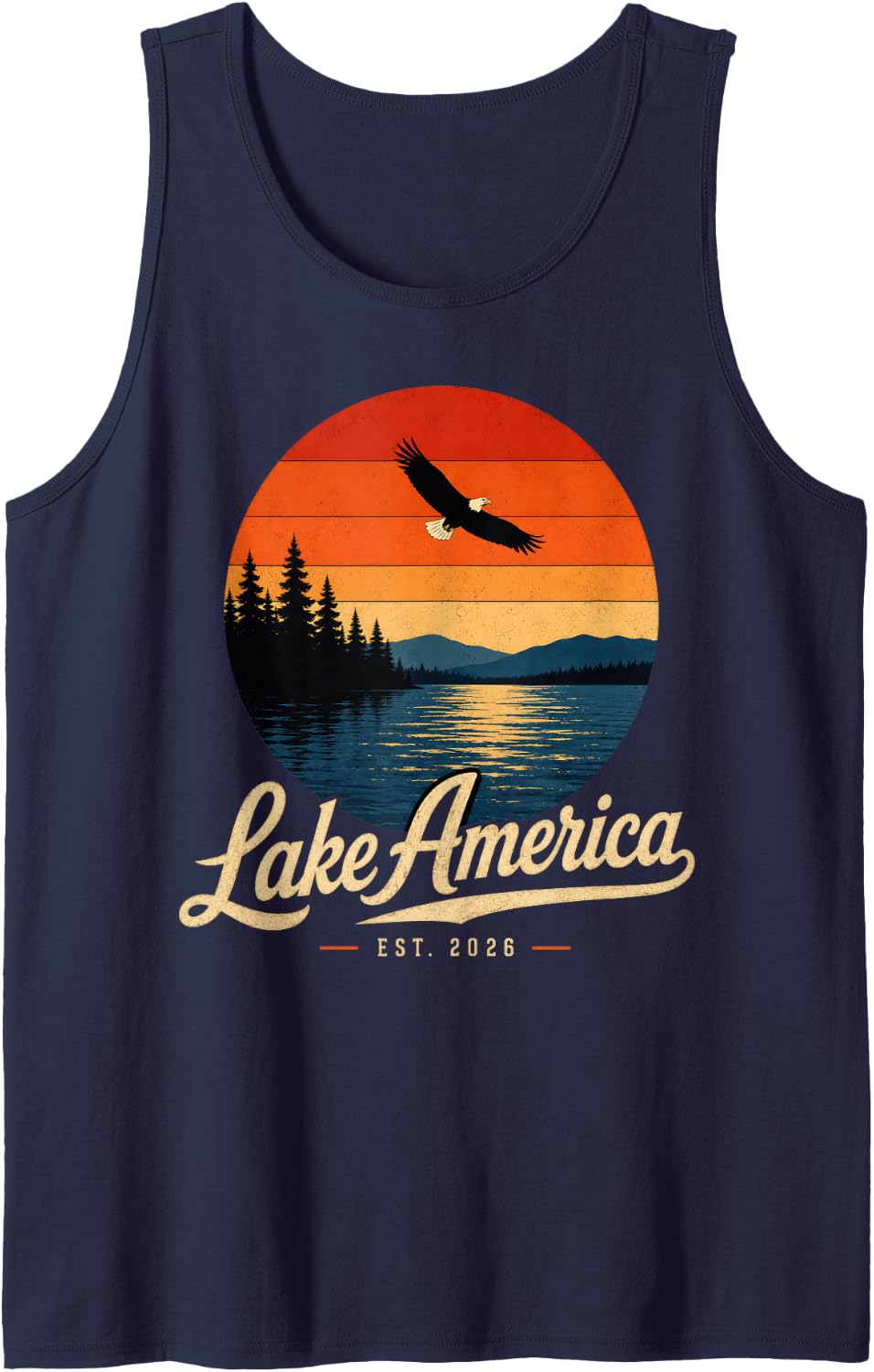 Lake America Bald Eagle Mountain Lake Sunset Est 2026 Sleeveless Tank Top - Navy Blue