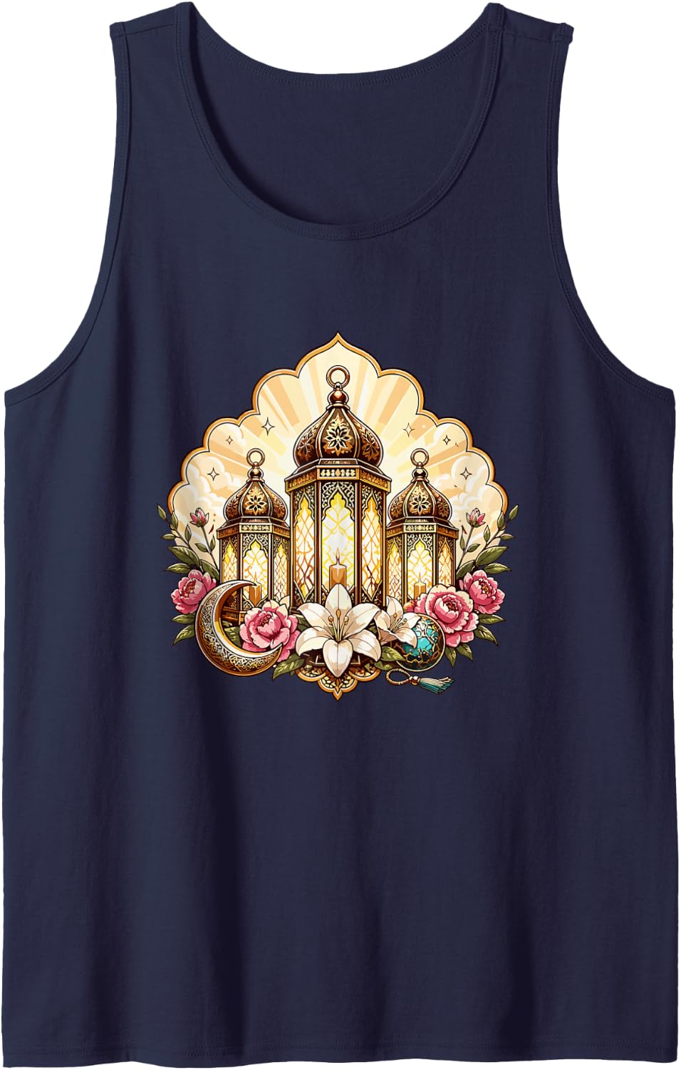 Ramadan Kareem Islamic Lantern Crescent Florals Tank Top - Navy Blue