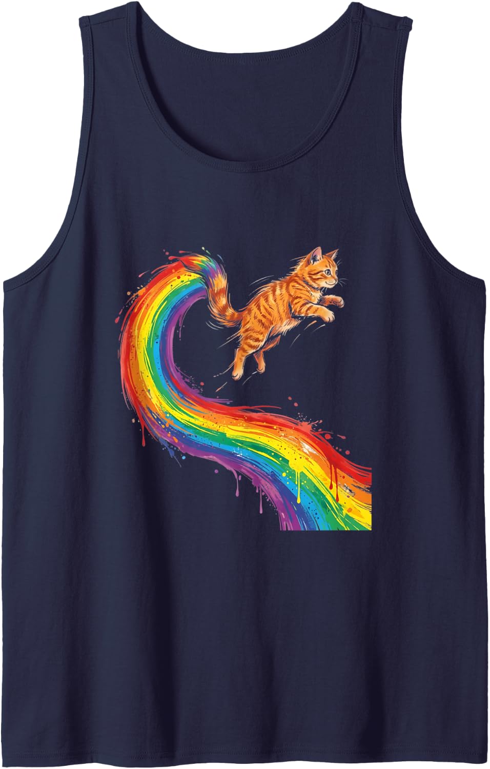 Leaping Ginger Kitten Rainbow Paint Tabby Cat Tank Top - Navy Blue