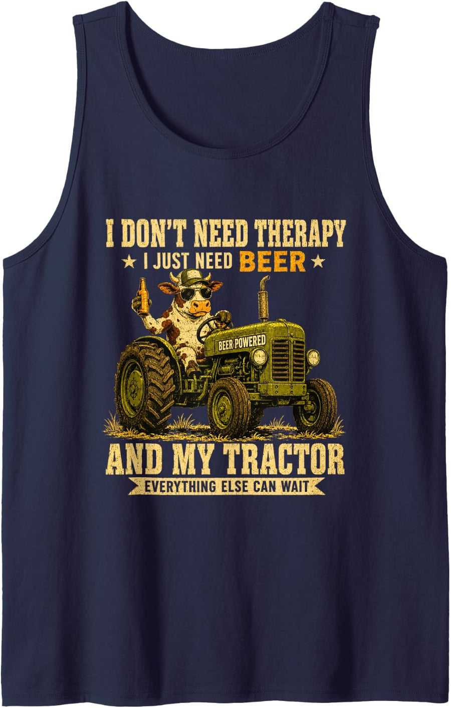 I Don't Need Therapy I Just Need Beer Funny Cow Farmer Tank Top - Navy Blue