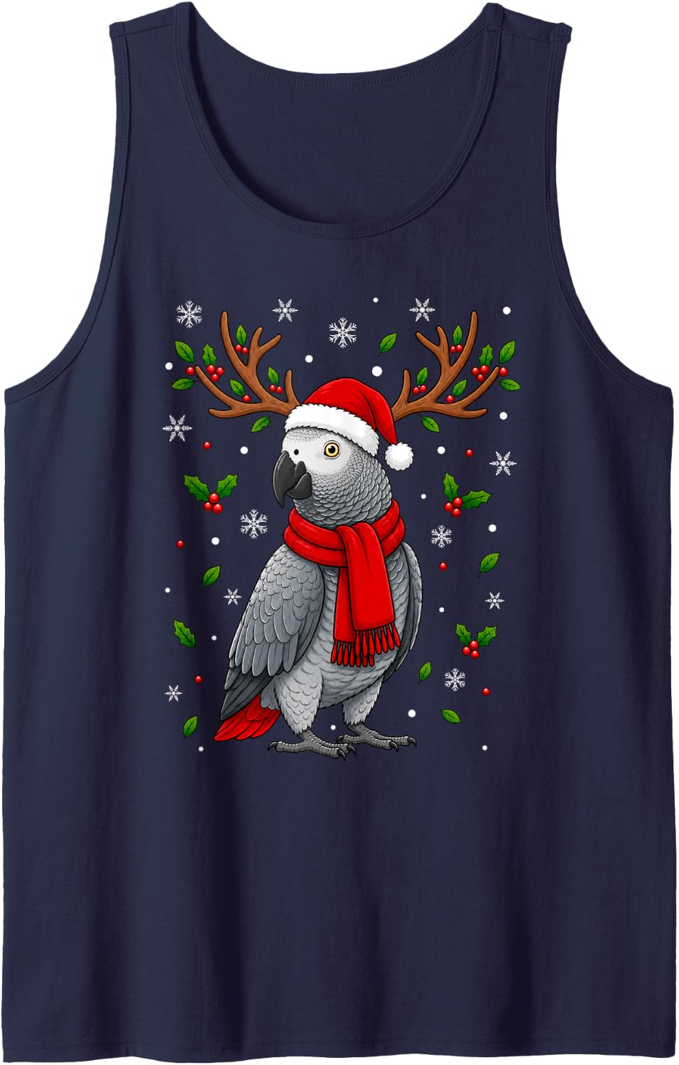 Cute Reindeer Santa Hat Grey Parrot Christmas Sleeveless Tank Top - Navy Blue