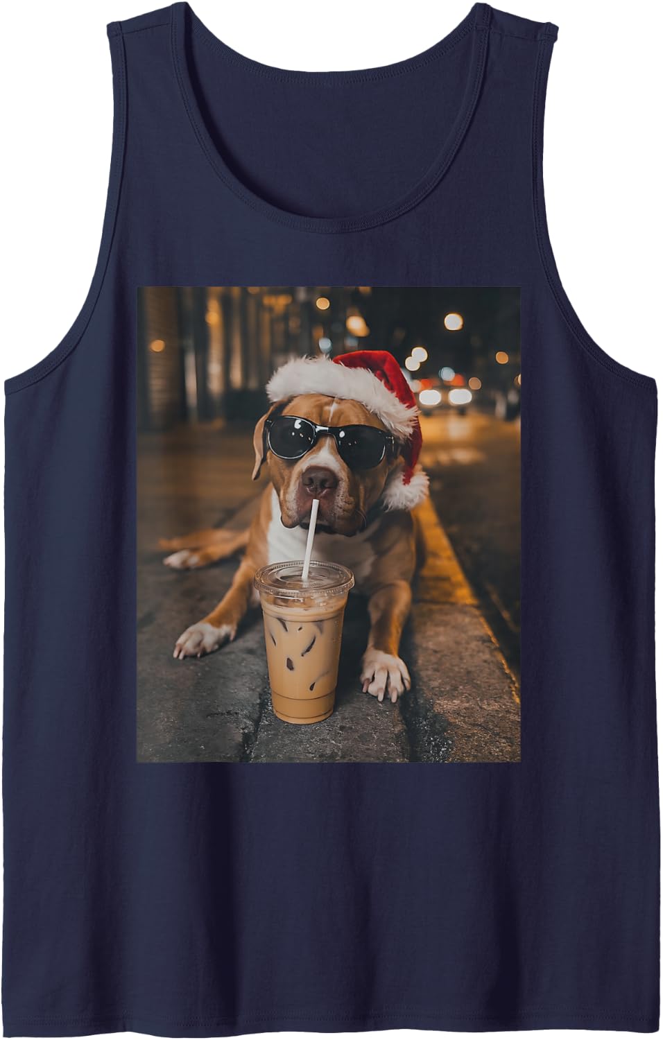 Amstaff Terrier Drinking Iced Coffee Santa Christmas Sleeveless Tank Top - Navy Blue