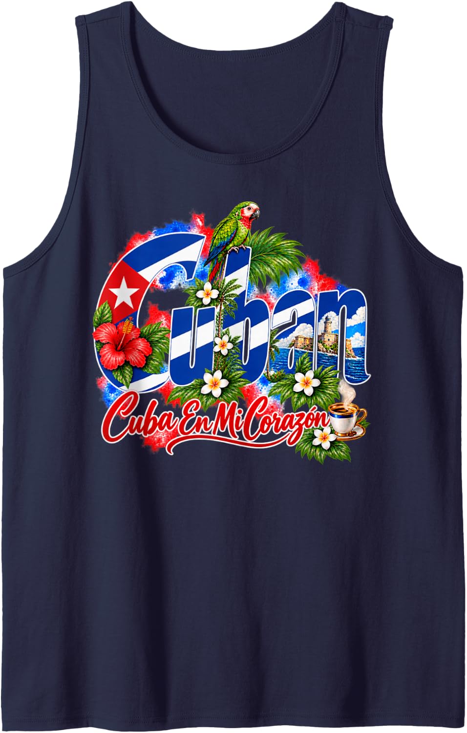 Cuban Cuba En Mi Corazon Flag Tropical Parrot Cuba Funny Sleeveless Tank Top - Navy Blue