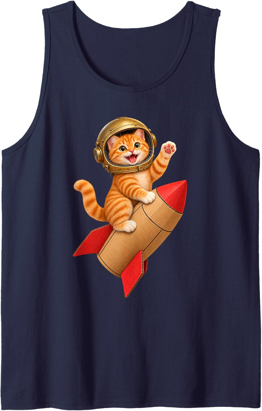 Space Cat Riding a Cardboard Rocket - Cute Astronaut Kitten Sleeveless Tank Top - Navy Blue