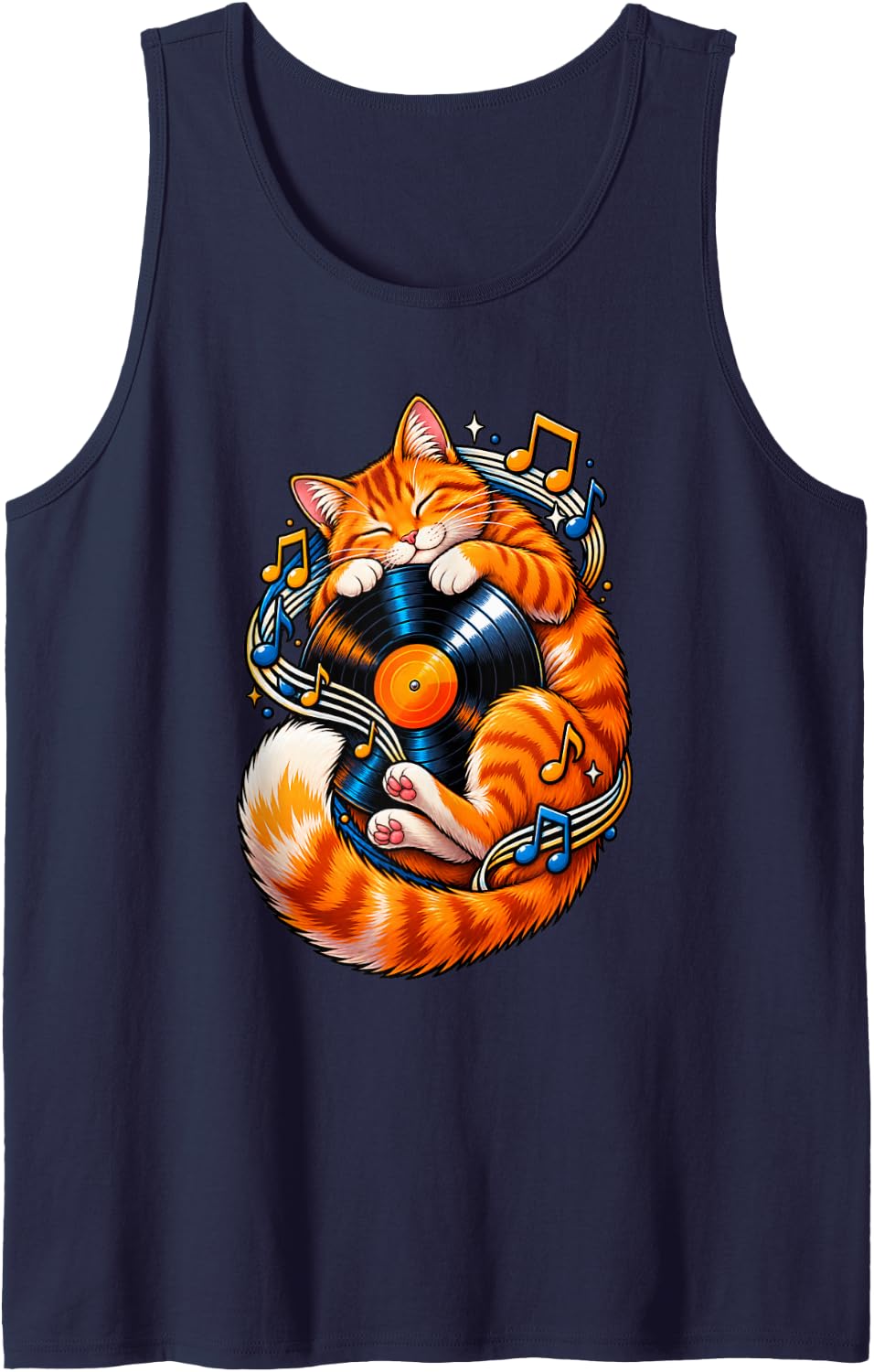 Sleeping Ginger Cat Hugging a Vinyl Record Sleeveless Tank Top - Navy Blue