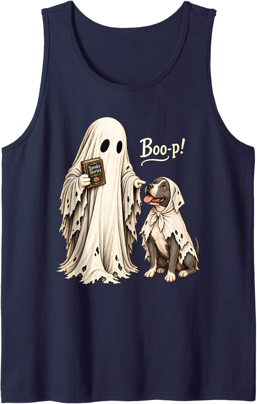 Boo-p Pittie Dog Ghost with Book Halloween American Pit Bull Sleeveless Tank Top - Navy Blue