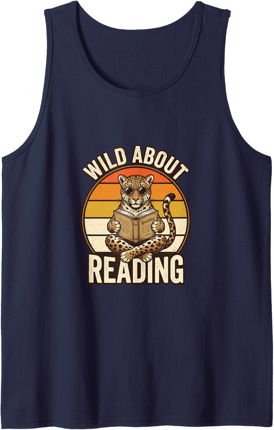 Wild About Reading Retro Leopard Book Lover Graphic Sleeveless Tank Top - Navy Blue