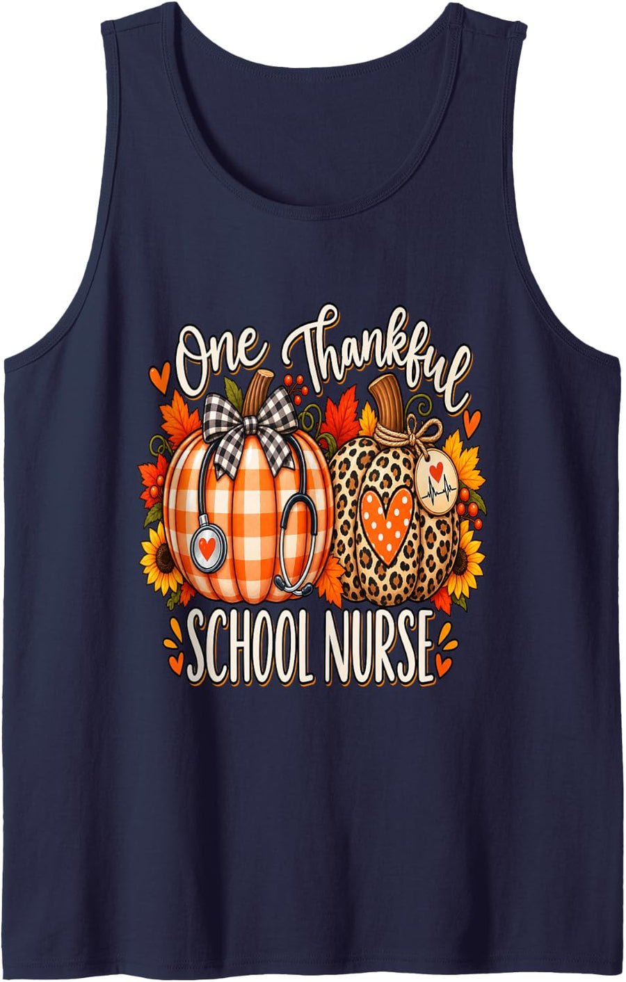 Plaid Leopard Pumpkin One Thankful School Nurse Thanksgiving Sleeveless Tank Top - Navy Blue