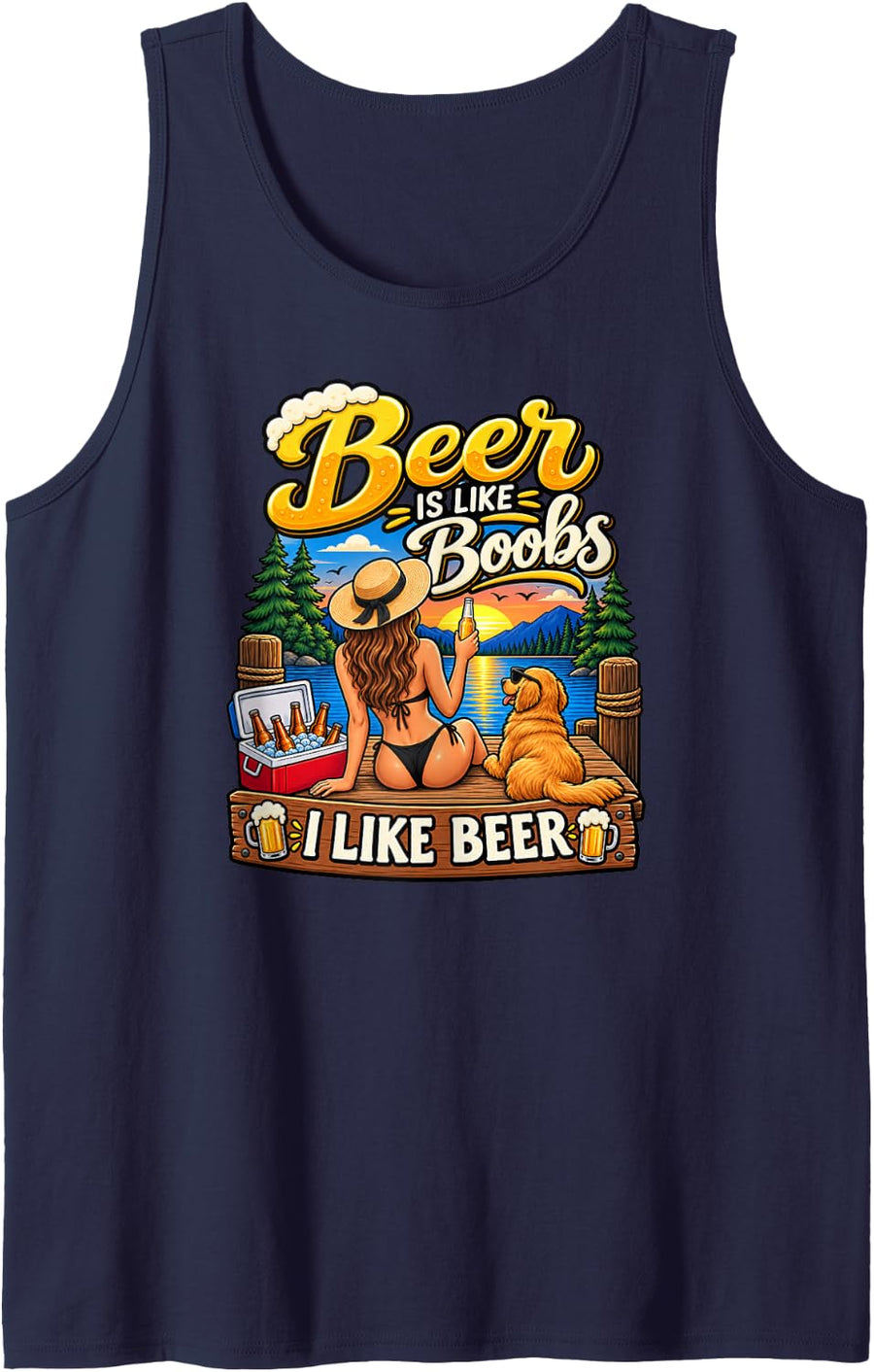 Beer is Like Boobs Funny Camping Lake Campfire Men Sleeveless Tank Top - Navy Blue