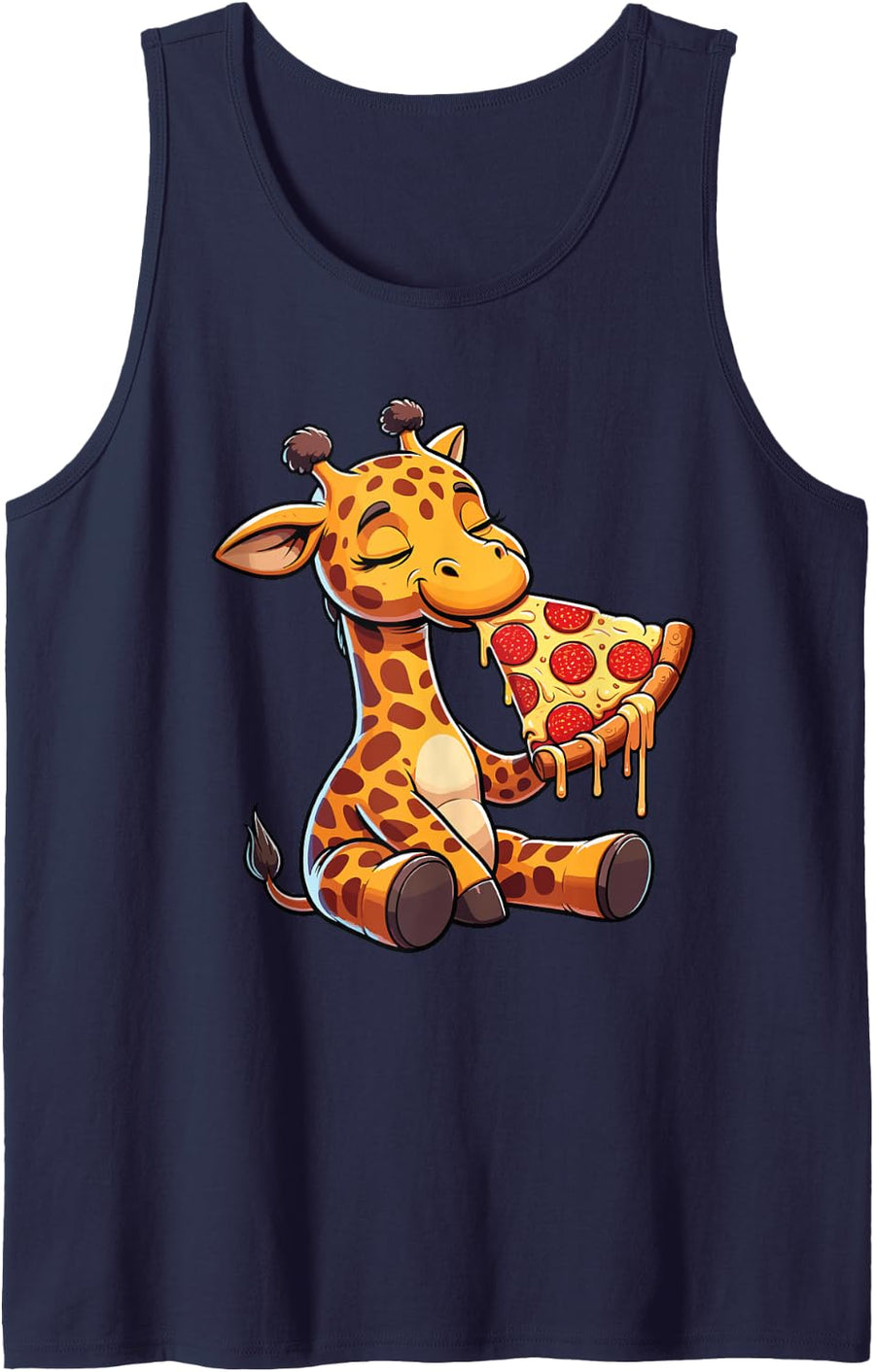 Funny Giraffe Eating Pizza Graphic Boys Girls Women Kids Sleeveless Tank Top - Navy Blue