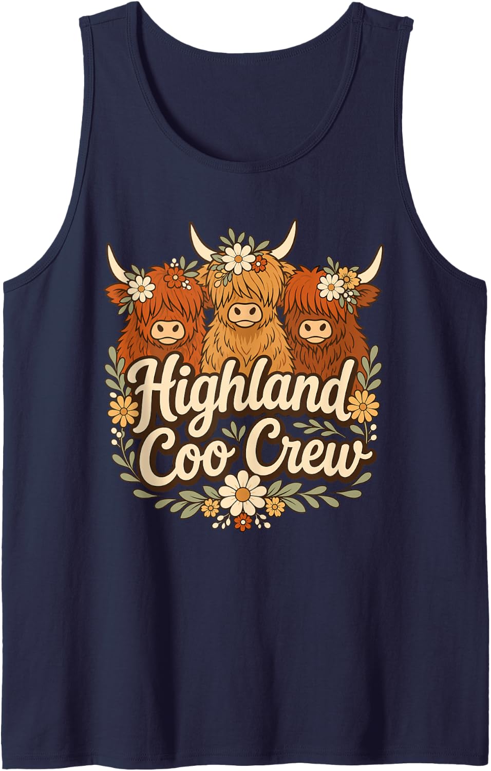 Highland Coo Crew Flower Scottish Cow Sleeveless Tank Top - Navy Blue