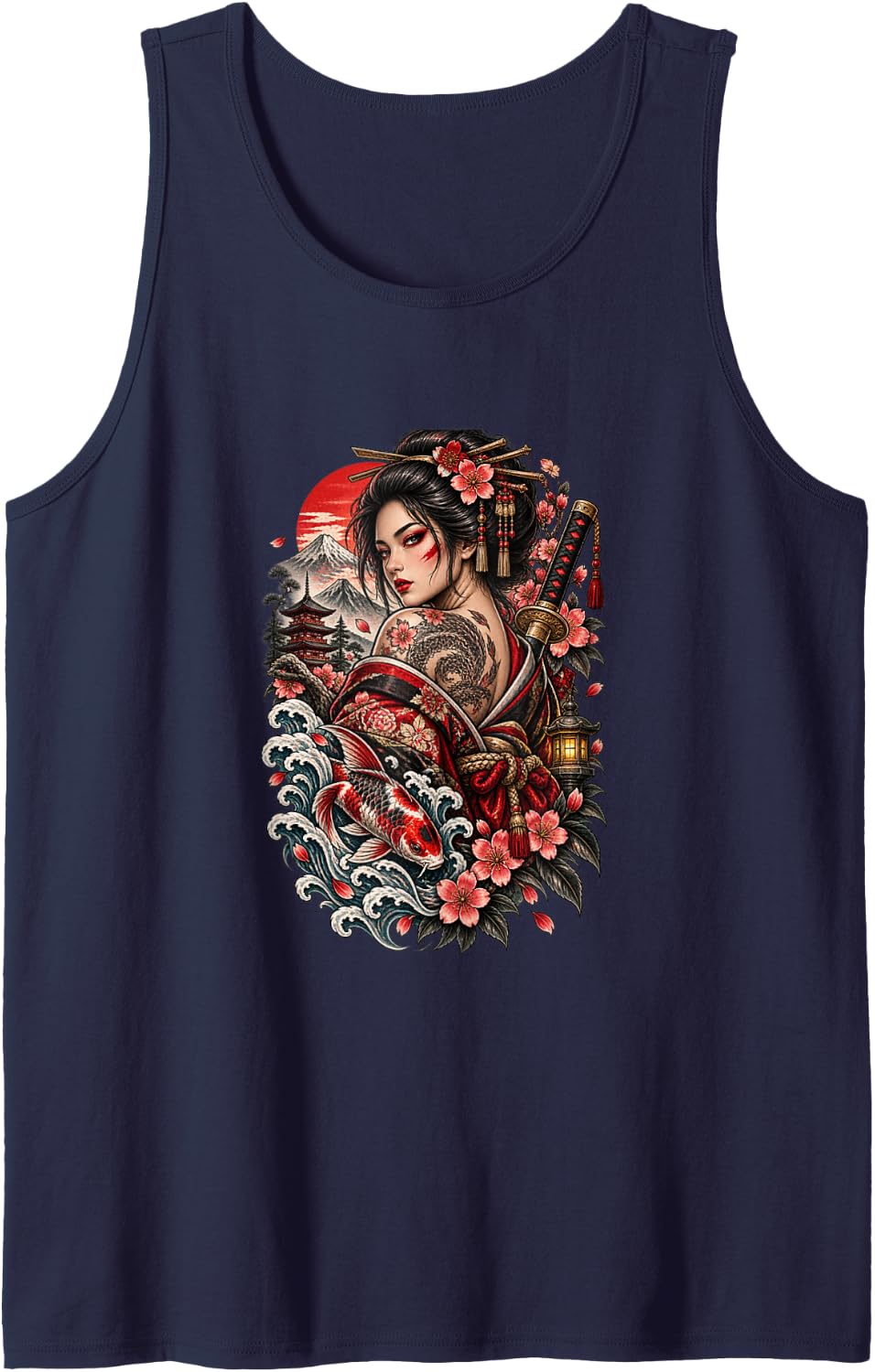 Japanese Geisha Koi Fish Cherry Blossom Samurai Sleeveless Tank Top - Navy Blue