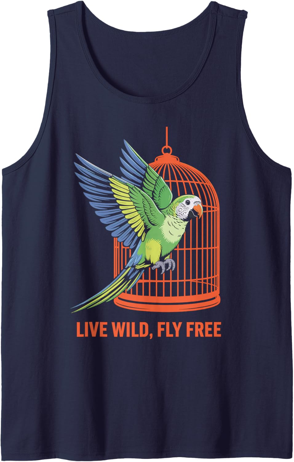Live Wild, Fly Free Parrot Design Sleeveless Tank Top - Navy Blue