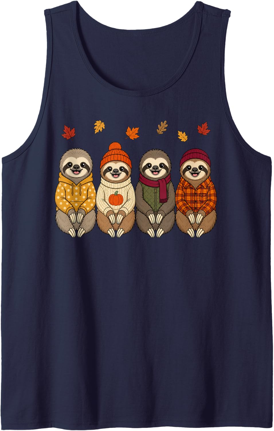 Sloth Fall Autumn Season Pumpkin Sleeveless Tank Top - Navy Blue