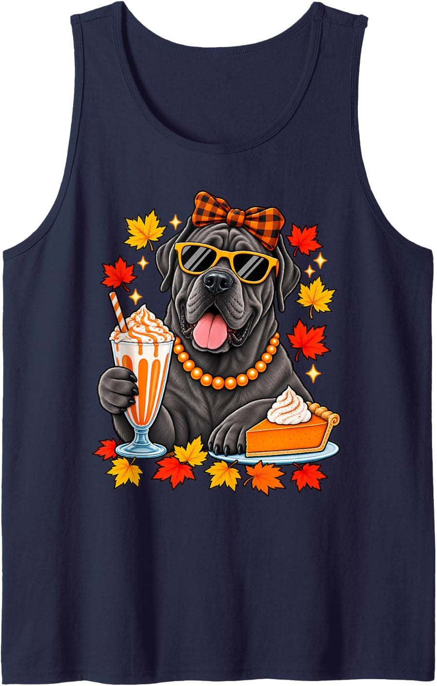 Cane Corso Dog Bow Fall Autumn Leaves Thanksgiving Sleeveless Tank Top - Navy Blue