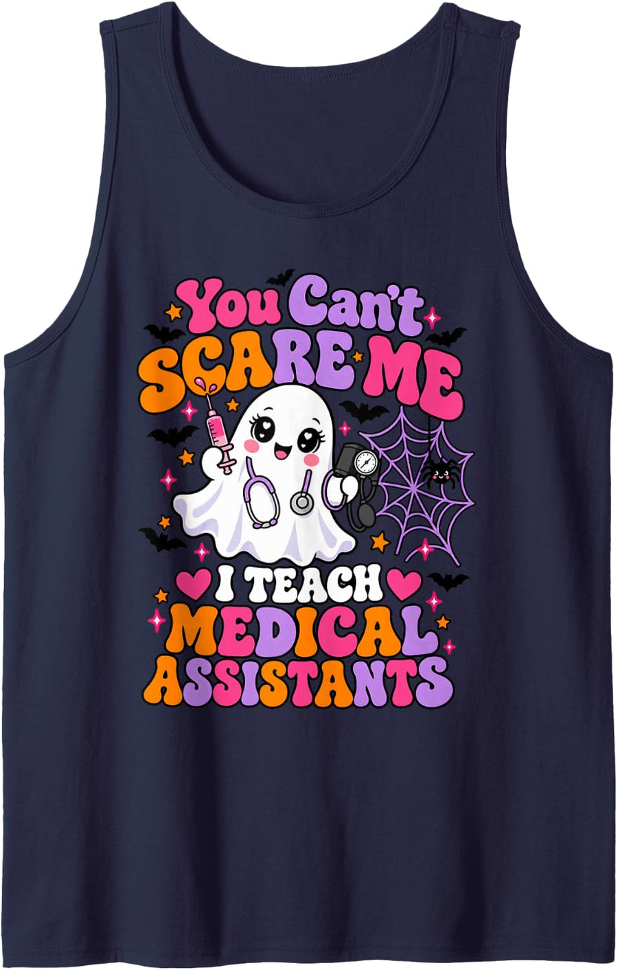 Heart Halloween Medical Assistant CMA Nursing Spooky Ghost Sleeveless Tank Top - Navy Blue