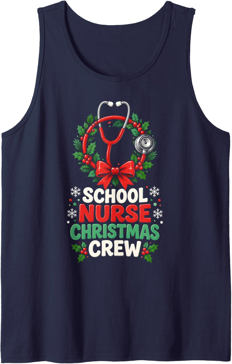 School Nurse Christmas Crew Holiday Stethoscope Wreath Sleeveless Tank Top - Navy Blue