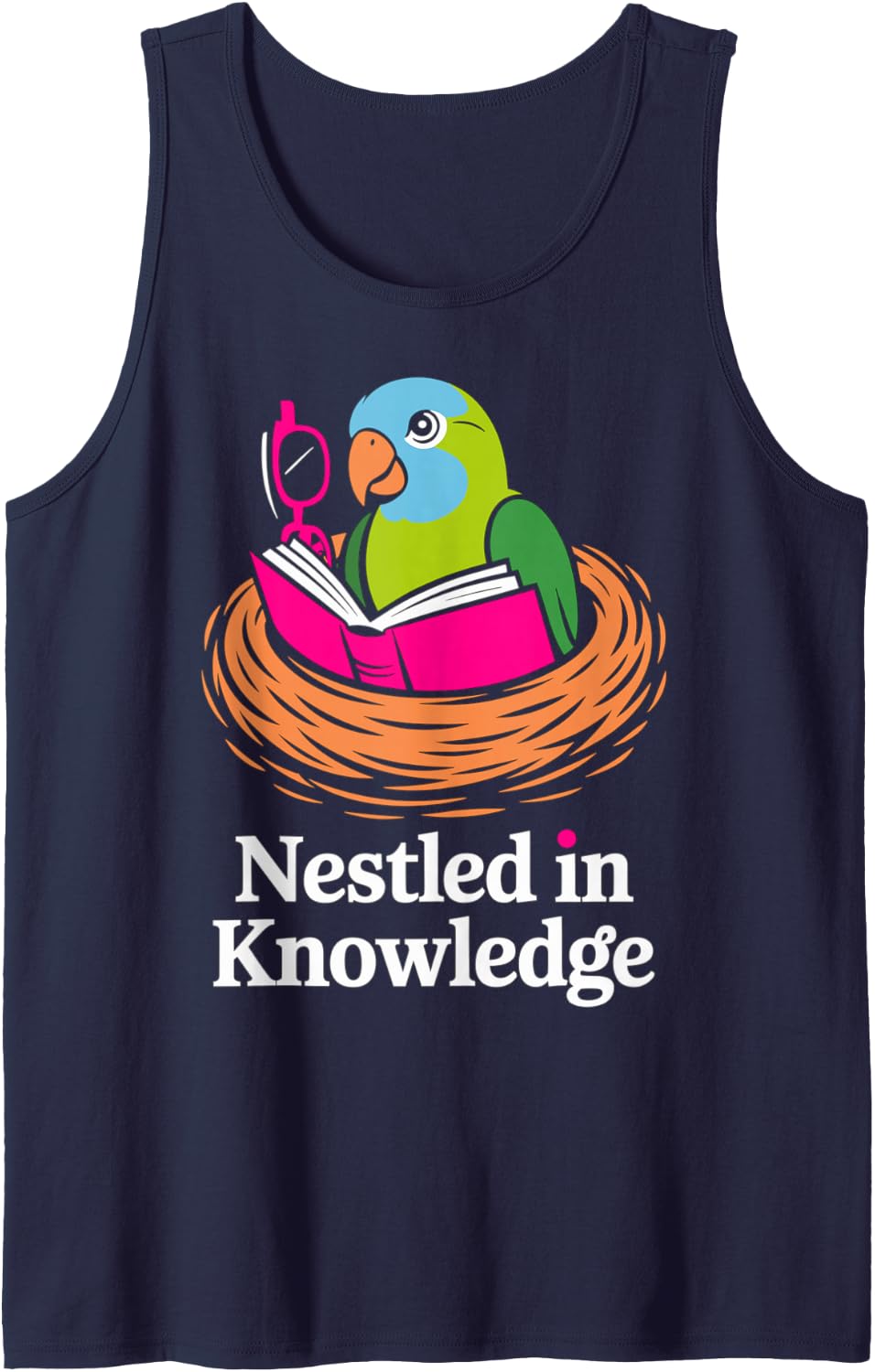 Nestled in Knowledge Parrot Reading Design Sleeveless Tank Top - Navy Blue
