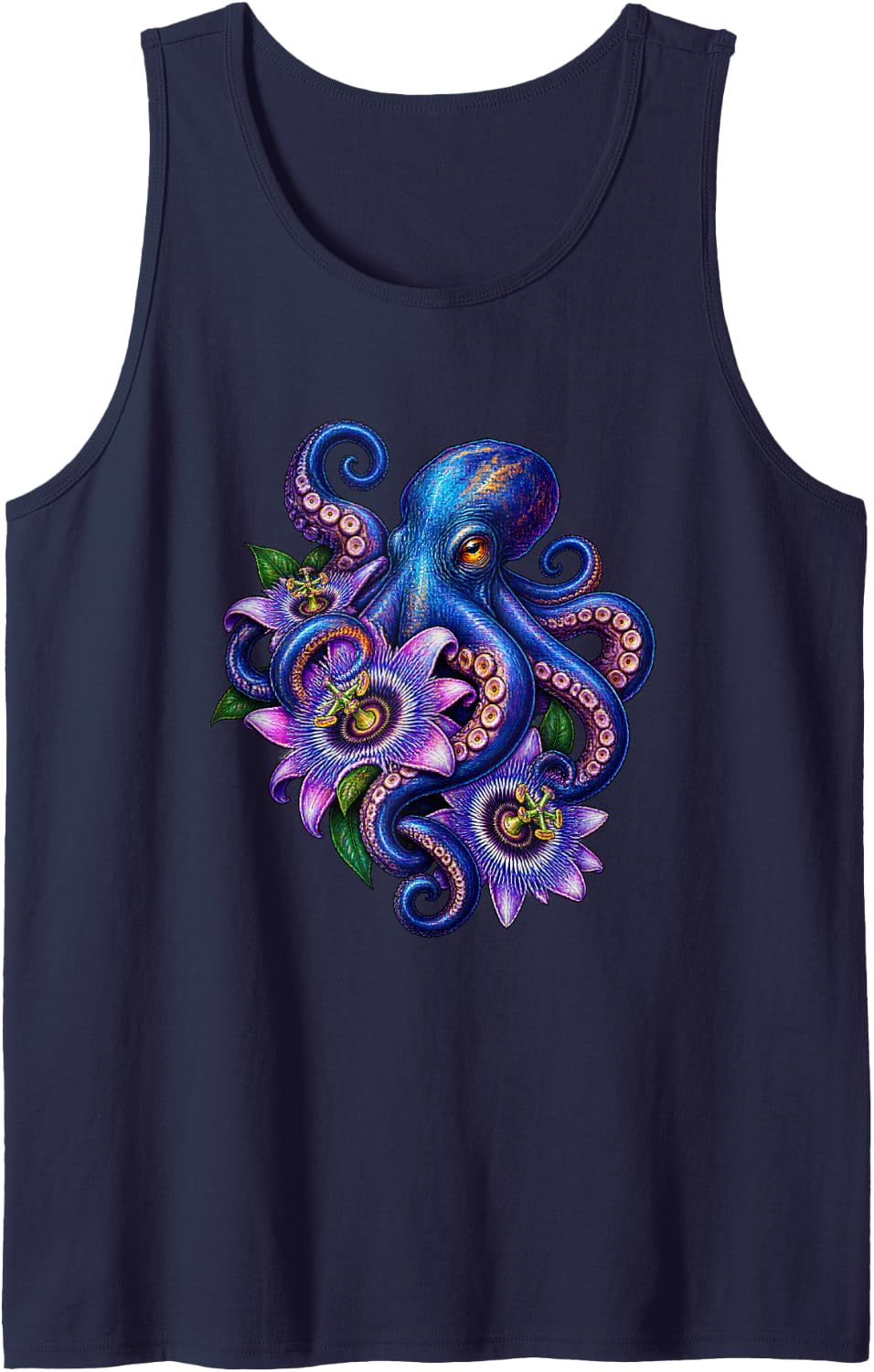 Blue Octopus with Purple Passion Flowers Sleeveless Tank Top - Navy Blue