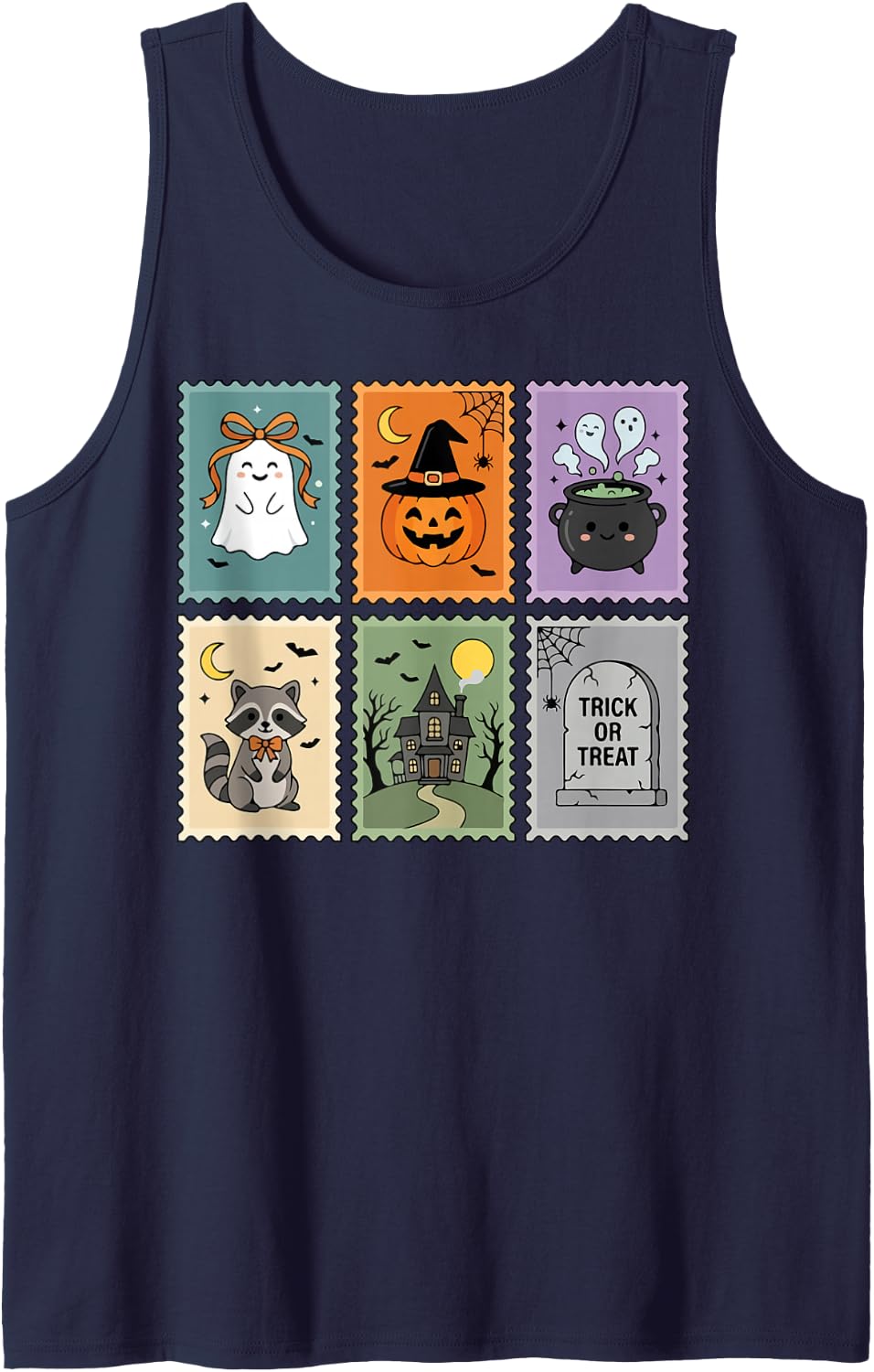 Halloween Postage Stamps Cute Raccoon Trick Or Treat Tank Top - Navy Blue