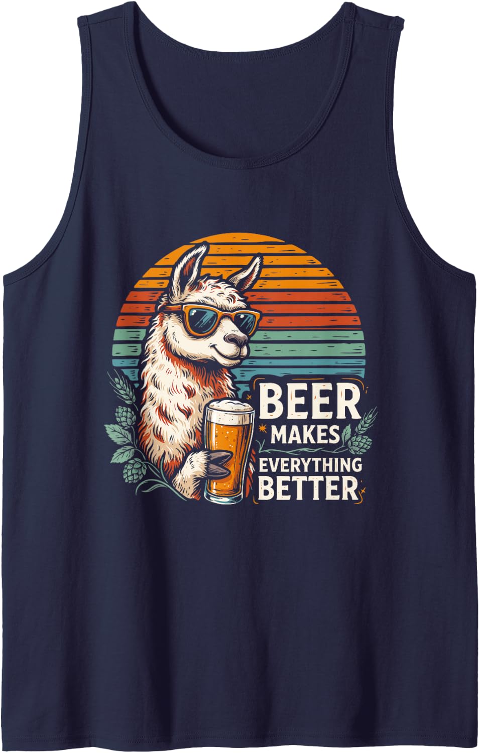 Beer Makes Everything Better Funny Llama Vintage Humor Sleeveless Tank Top - Navy Blue