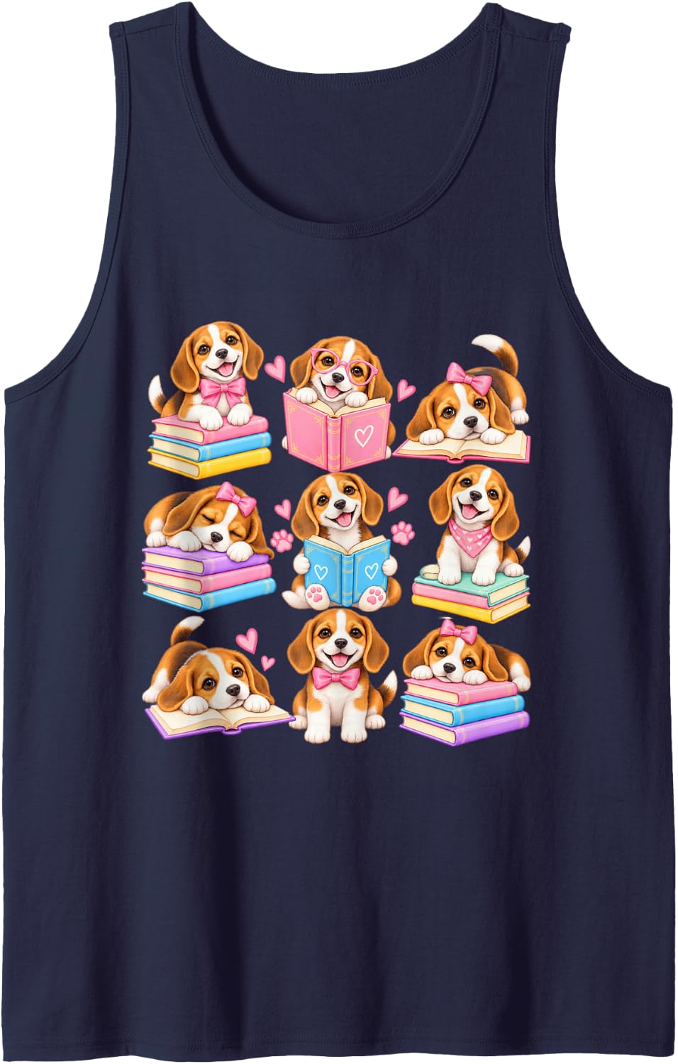 Beagle Reading Books Sleeveless Tank Top - Navy Blue
