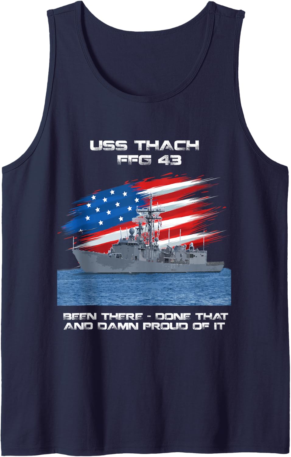 USS Thach FFG-43 Class Frigate American Flag Veteran Sleeveless Tank Top - Navy Blue