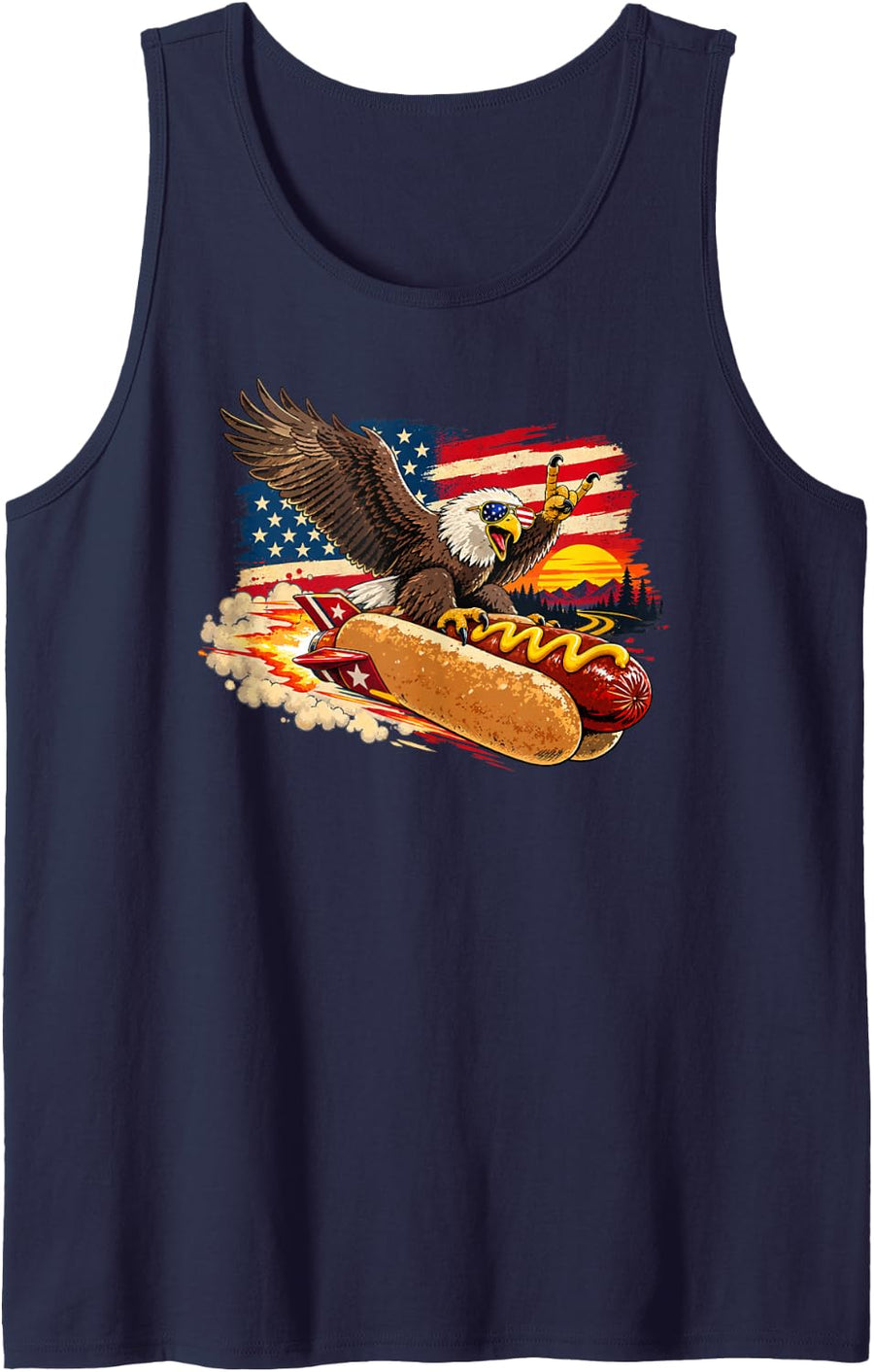 Patriotic Bald Eagle Hot Dog Rocket USA Flag Rock and Roll Sleeveless Tank Top - Navy Blue