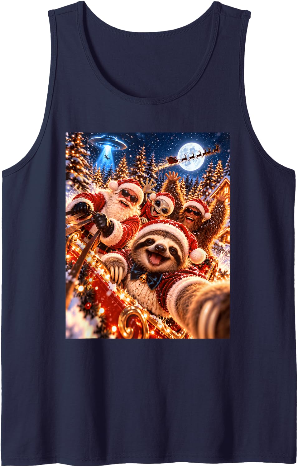 Delighted Sloth Santa Christmas Selfie UFO Graphic Sleeveless Tank Top - Navy Blue