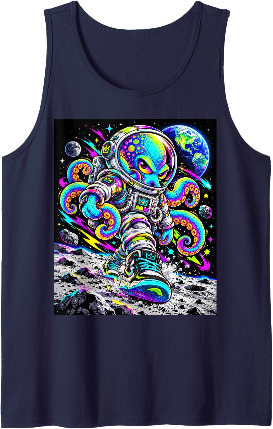 Astronaut Octopus Space Explorer Colorful Space Art Sleeveless Tank Top - Navy Blue